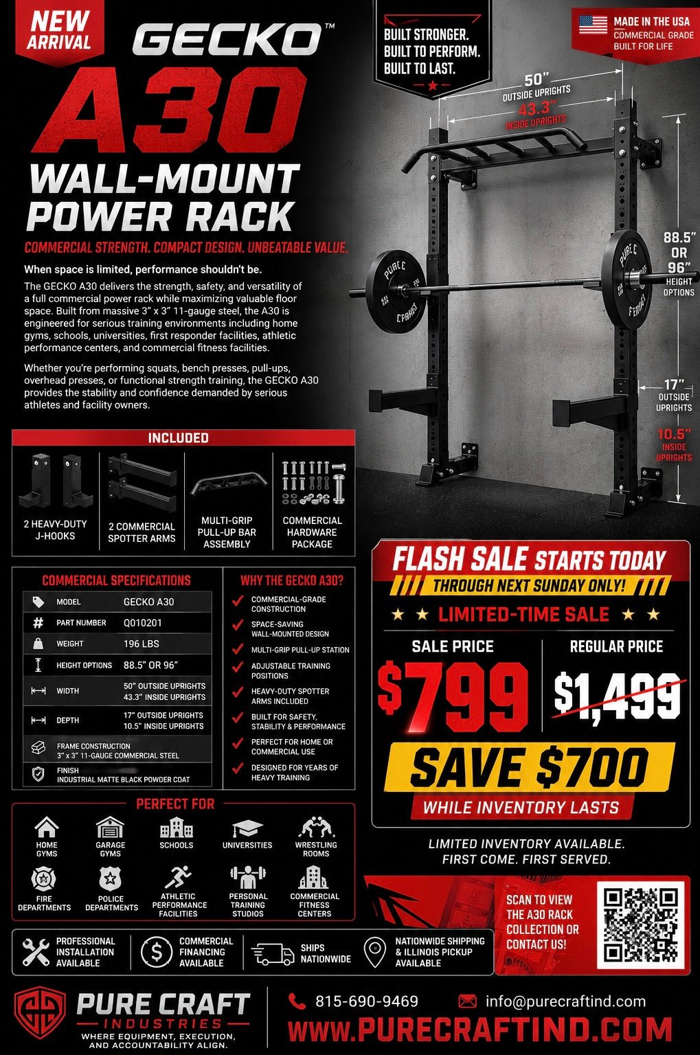 GECKO A30™ WALL-MOUNT POWER RACK COMMERCIAL STRENGTH. COMPACT DESIGN. UNBEATABLE VALUE.
