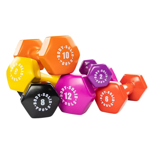 Body-Solid Tools BSTVD vinyl dumbbells in color-coded weights