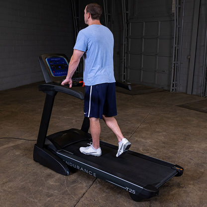 Body-Solid (T25) Foldable Incline Treadmill for Jogging & Walking, 400lbs. Weight Capacity, 4 HP Electric Motor Running Machine with Anti-Static Carbon Woven Belt, Speed Range 1-10 mph, Black